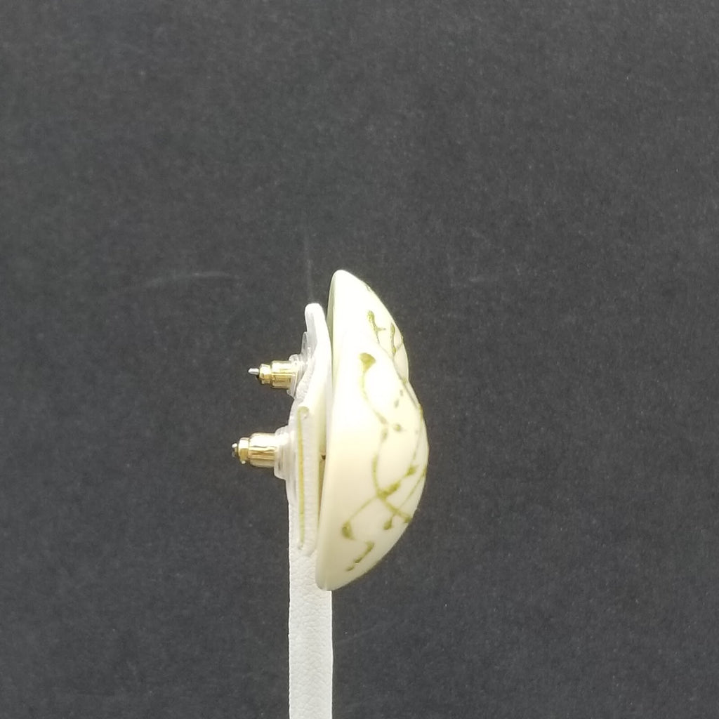 Vintage 1980's Pierced Earrings Blue White and Gold Acrylic Dome Button Stud 1"