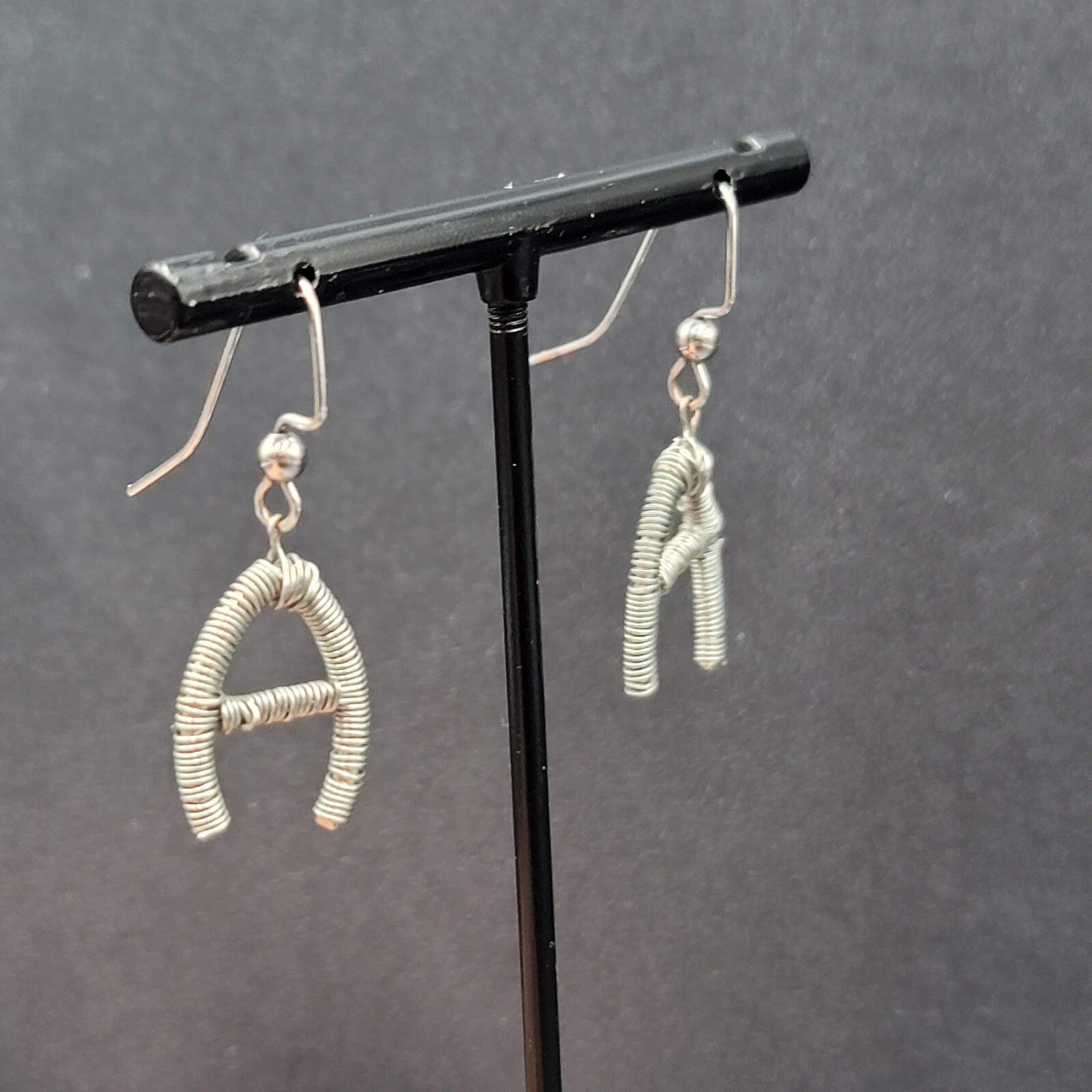 Pierced Earrings Silver tone Wire Wrapped Initial A Dangle 3/4"