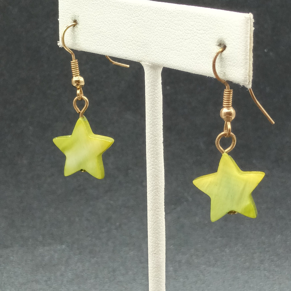 Pierced Earrings Gold tone Hook Green Dyed Shell Star Bead Dangle  5/8"
