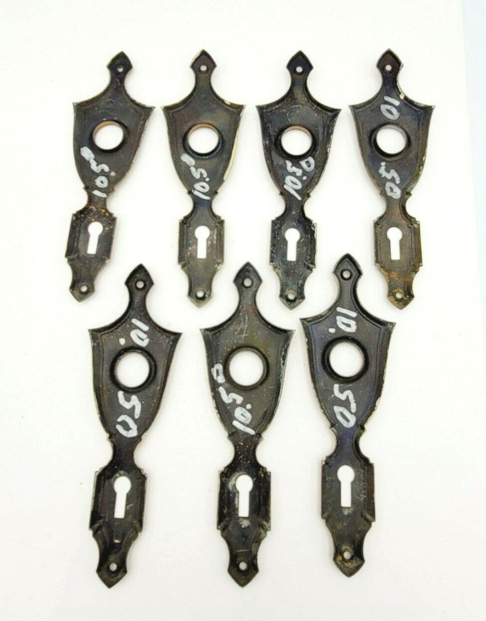 Lot of 7 Antique Vintage Steel Ornate Door knob Back Plates Painted Gold