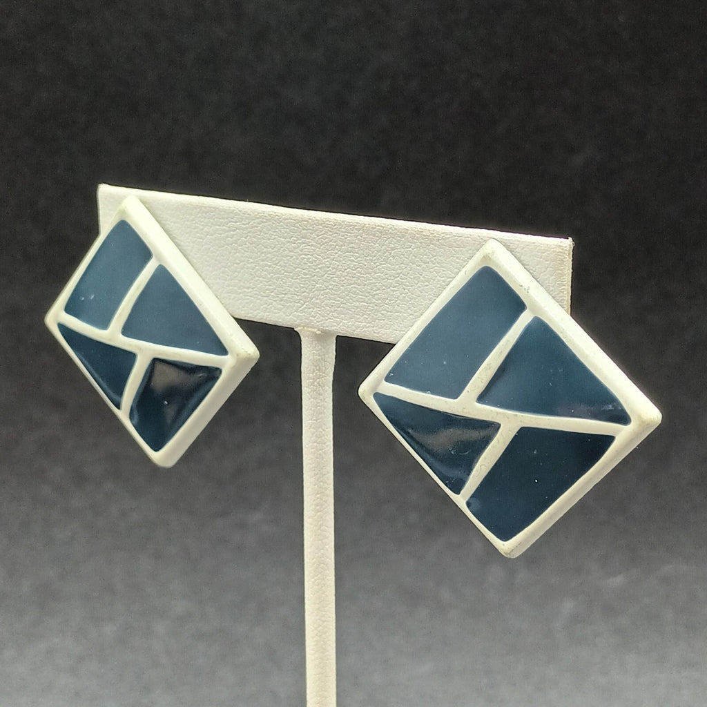 Vintage Pierced Earrings White Blue Enamel Geometric Drop 1 3/8"