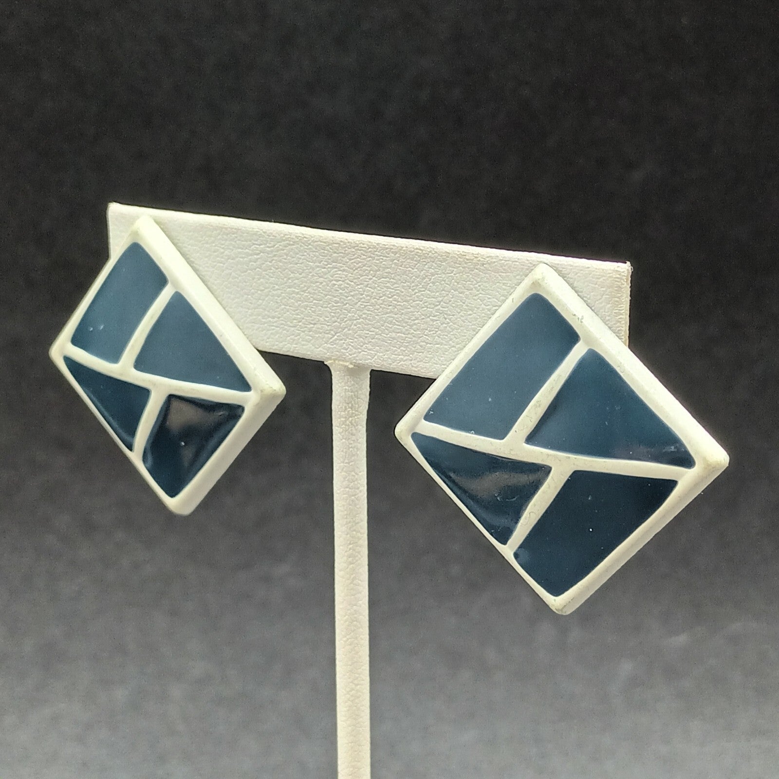 Vintage Pierced Earrings White Blue Enamel Geometric Drop 1 3/8"