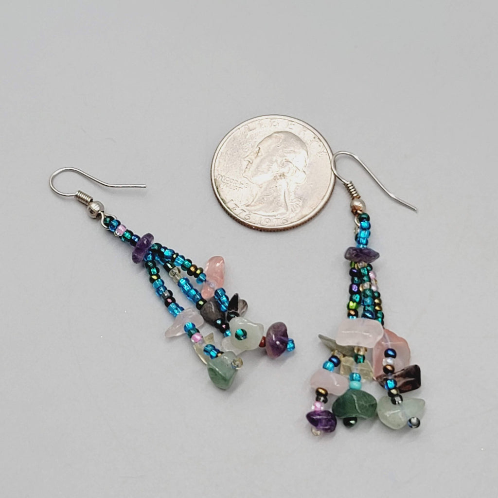 Bohemian Dangle Pierced Earrings Gemstone Chips Seed Bead Silver tone 1.75"