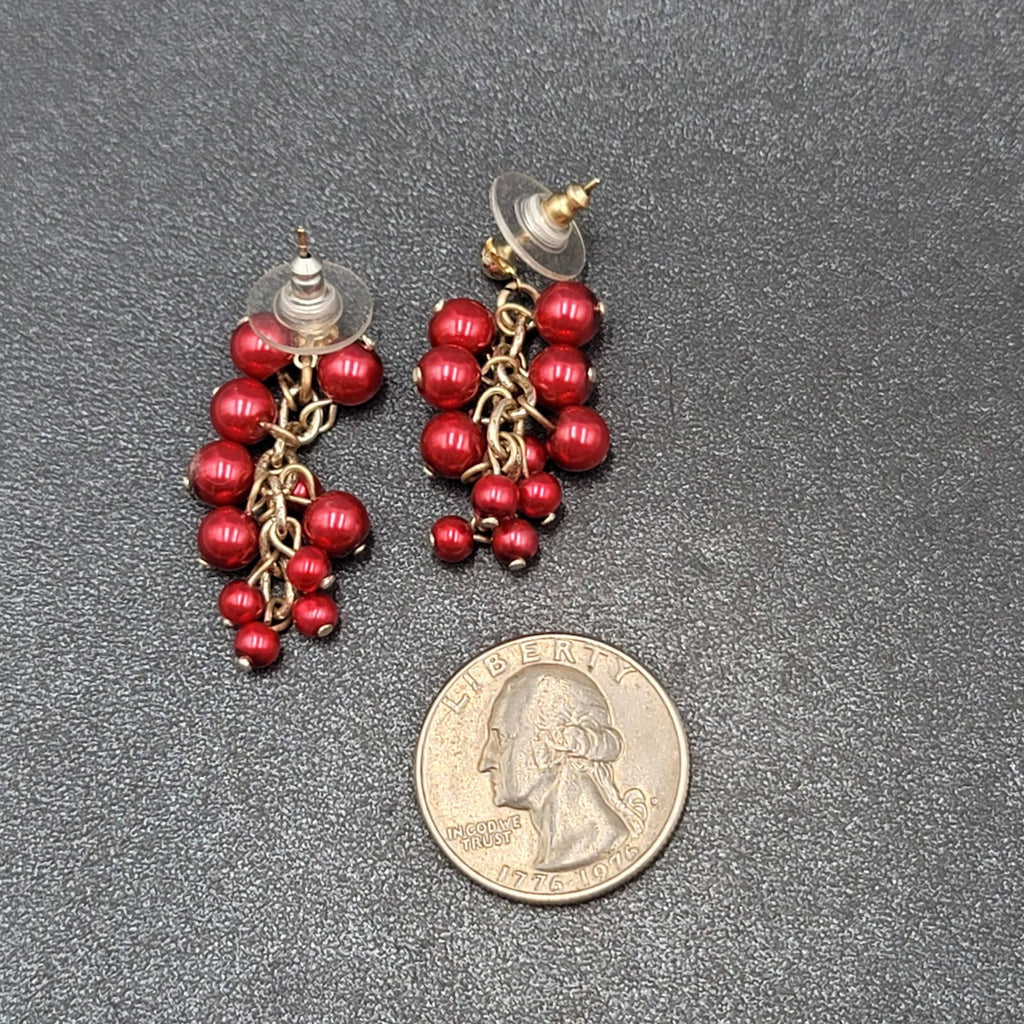 Pierced Earrings Silver tone Cluster Shiny Red Beads Dangle  1 3/8"