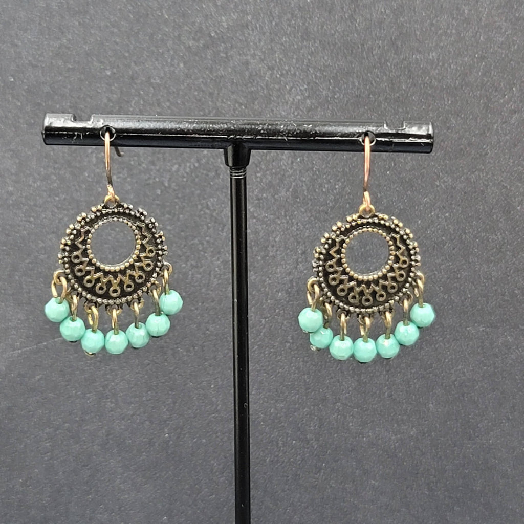 Pierced Earrings Bronze tone Blue Bead Medallion 1"