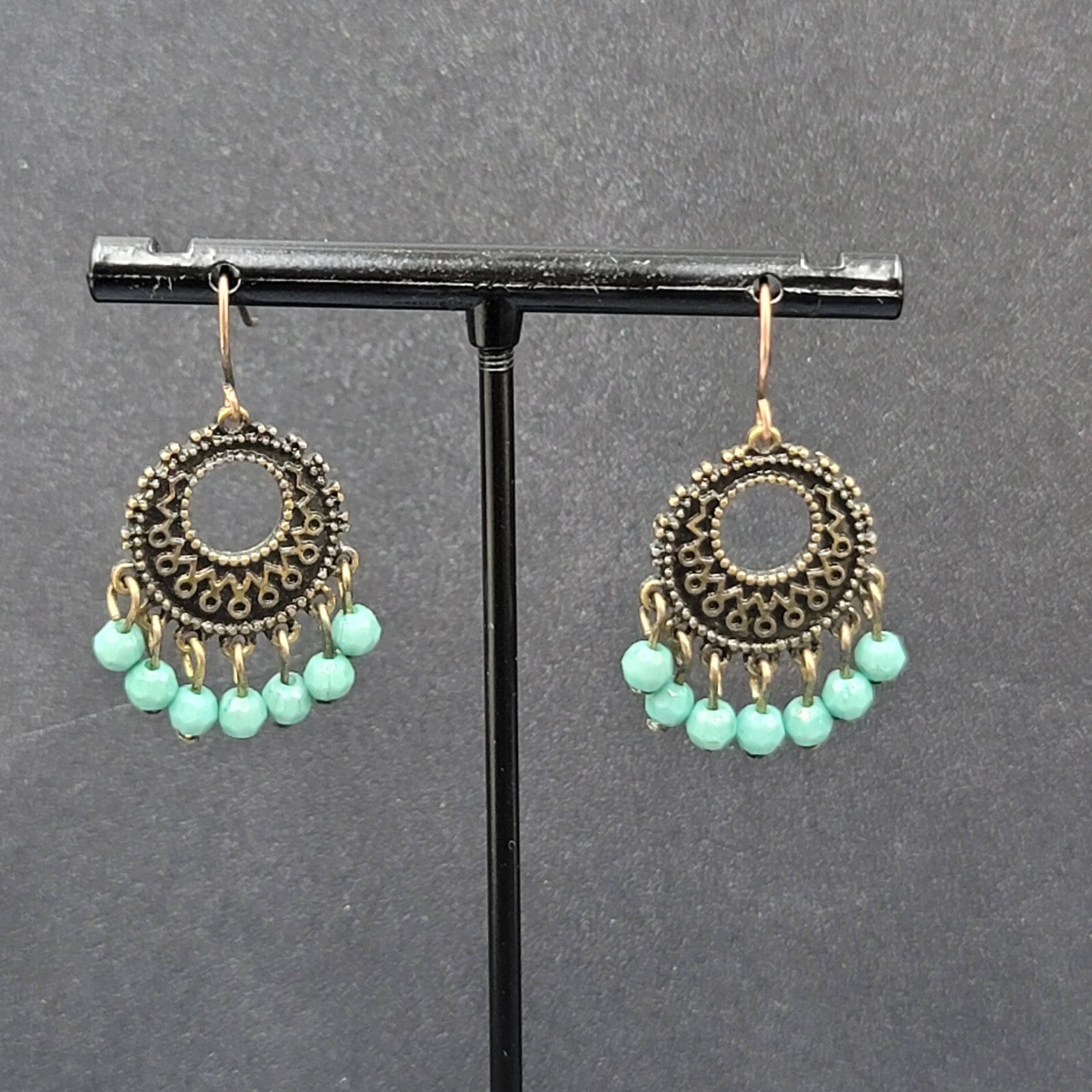 Pierced Earrings Bronze tone Blue Bead Medallion 1"