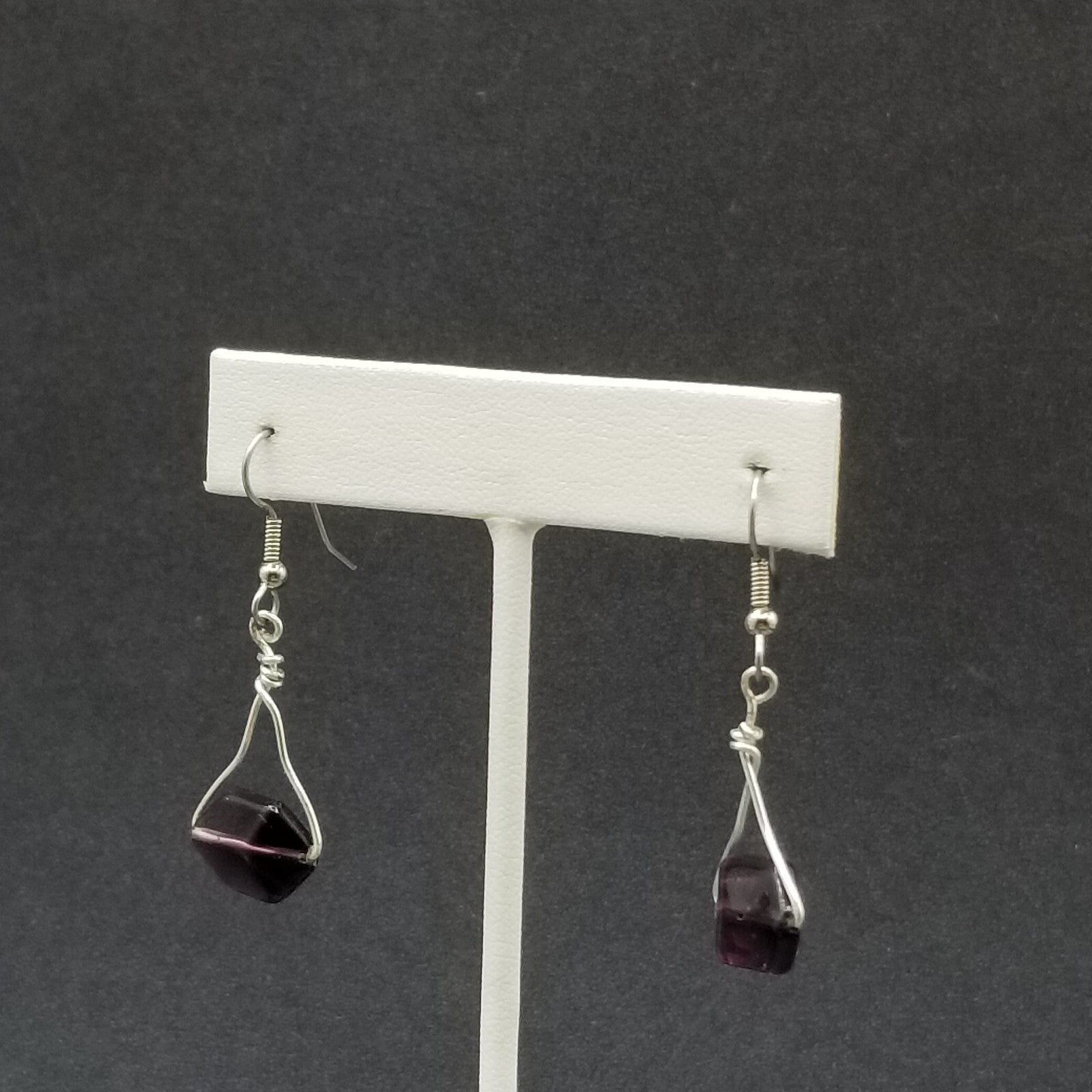 Pierced Earrings Silver tone Faceted Purple Crystal Dangle 1"