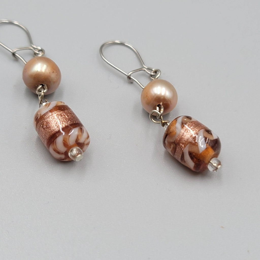 Art Glass Bead Pierced Earrings Silver tone Dangle 1.25"