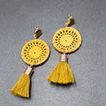 Boho Pierced Earrings Gold tone Yellow String Medallion Tassel 2.75"