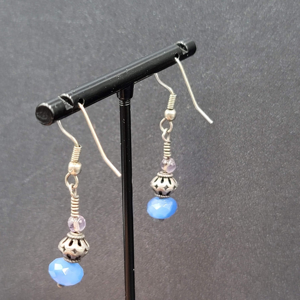 Pierced Earrings Silver tone Blue Glass Faceted Bead Dangle 1"