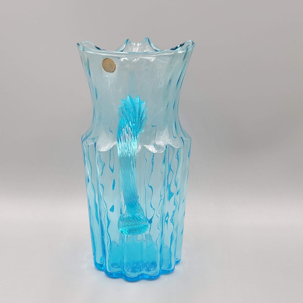 MCM Italian Empoli Ribbed Pillar Aqua Blue Art Glass Pitcher with Ice Lip 8"