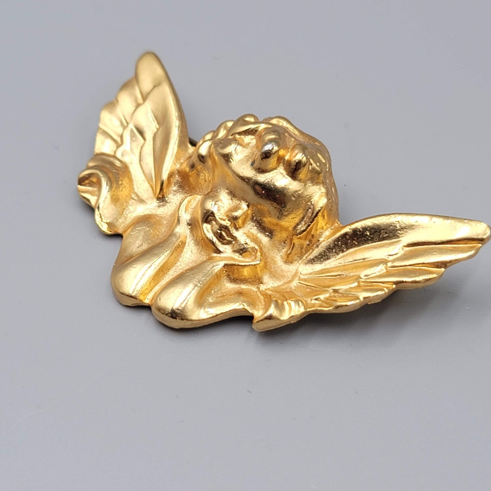 Vintage Cupid Angel Brooch Gold Plated 2.5" Wide Pin Estate Christmas