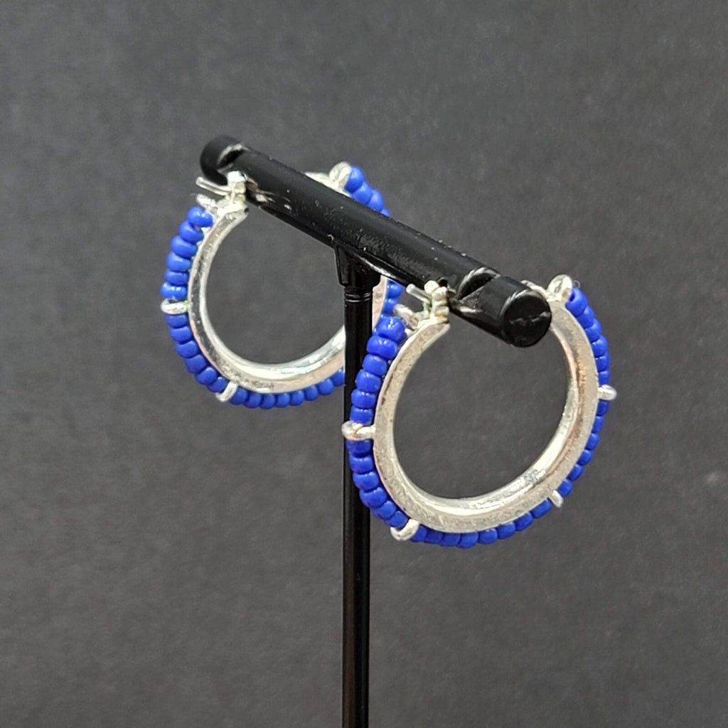 Pierced Earrings Silver tone Blue Seed Bead Hoops 1"
