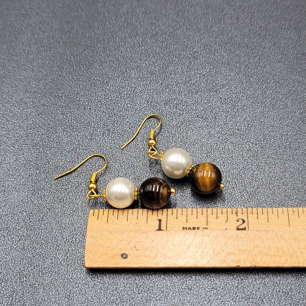Pierced Earrings Tigers Eye Stone Faux Pearl Bead Dangle 1 1/8"