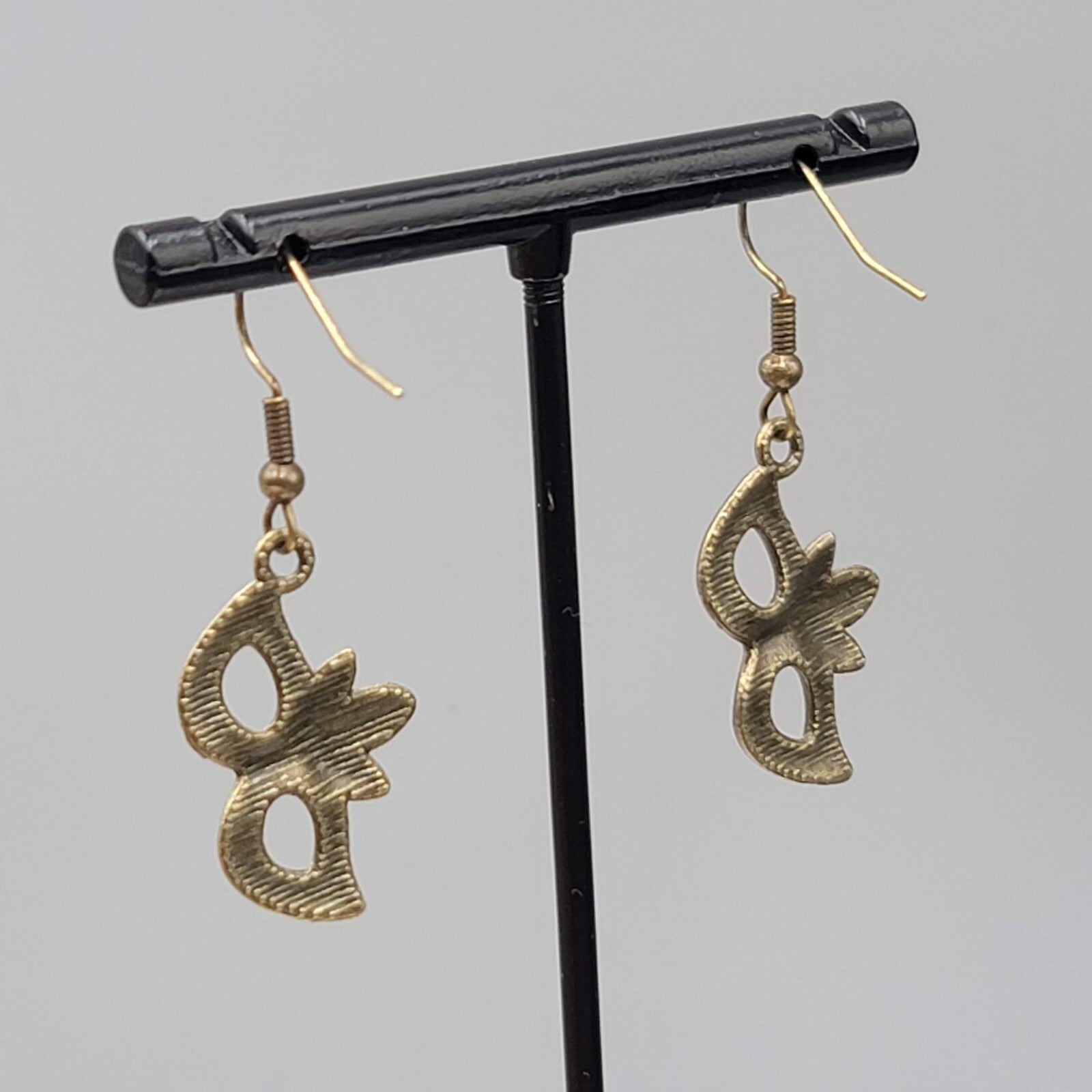 Masquerade Mask Pierced Earrings Bronze tone Metal Embossed Leaves Dangle  1"