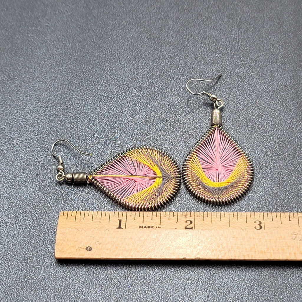 Pierced Earrings Silver tone String Art Yellow Pink Purple Teardrop 2"