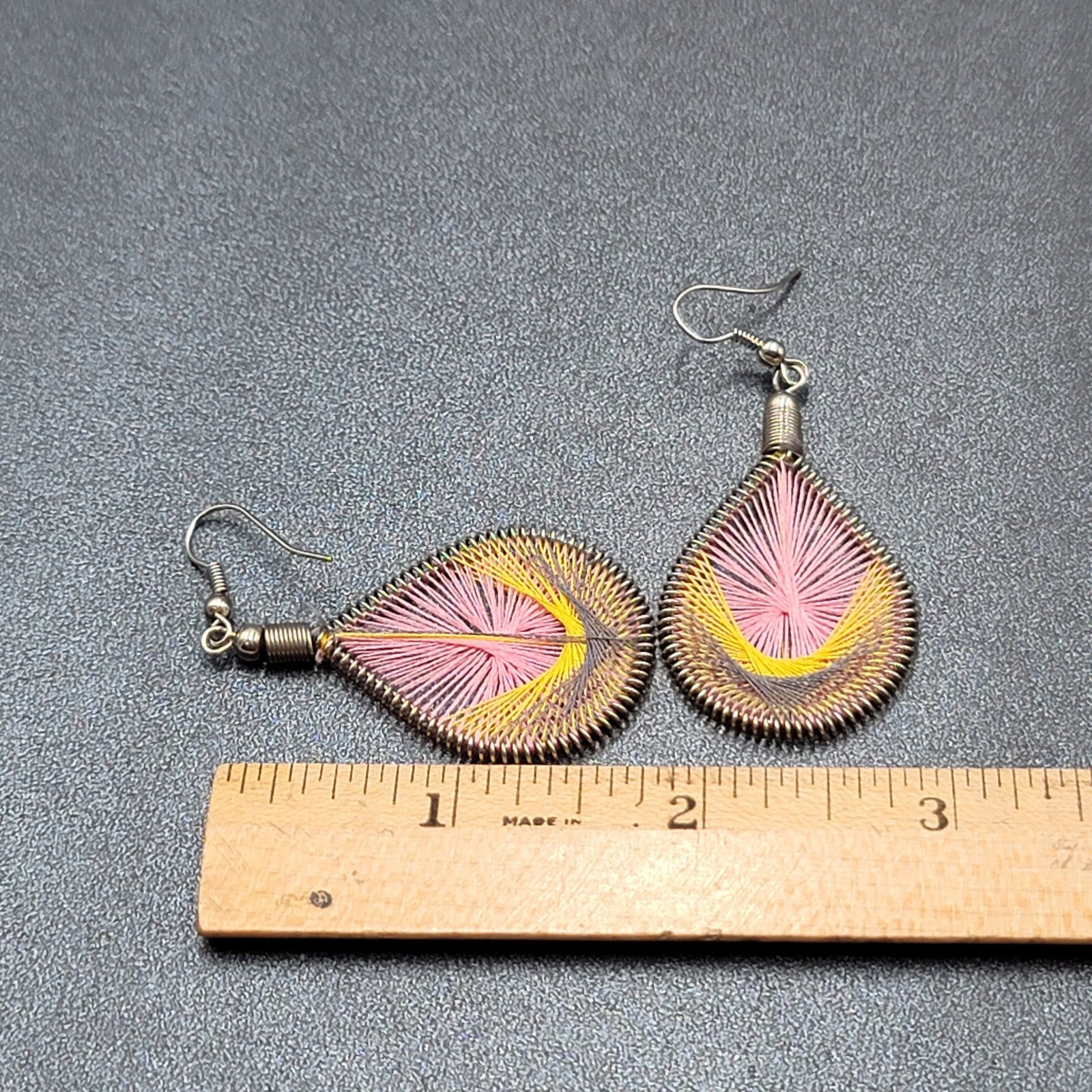 Pierced Earrings Silver tone String Art Yellow Pink Purple Teardrop 2"