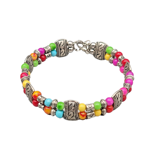 Bright Multicolor Bead Bracelet Silver tone Adjustable 7" - 8"