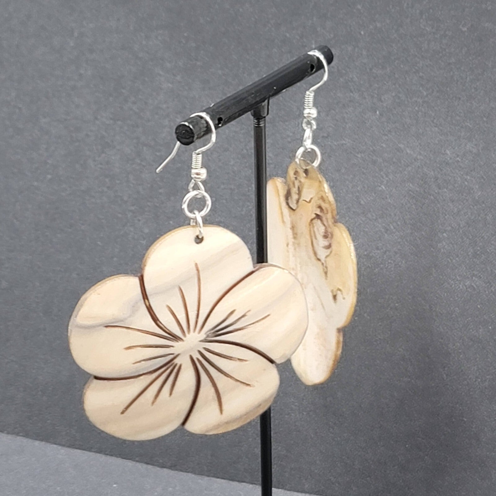 Flower Pierced Earrings Large Carved Shell Silver tone 2"