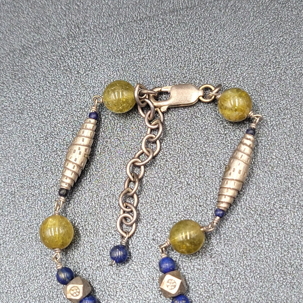Sterling Silver Necklace Green Glass Blue Lapis Beads 18"-20"