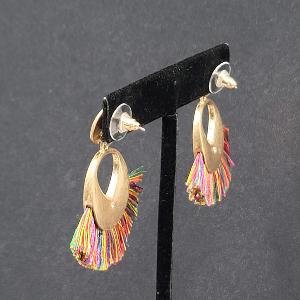 Pierced Earrings Gold tone Multicolor Tassel Boho 1.75"