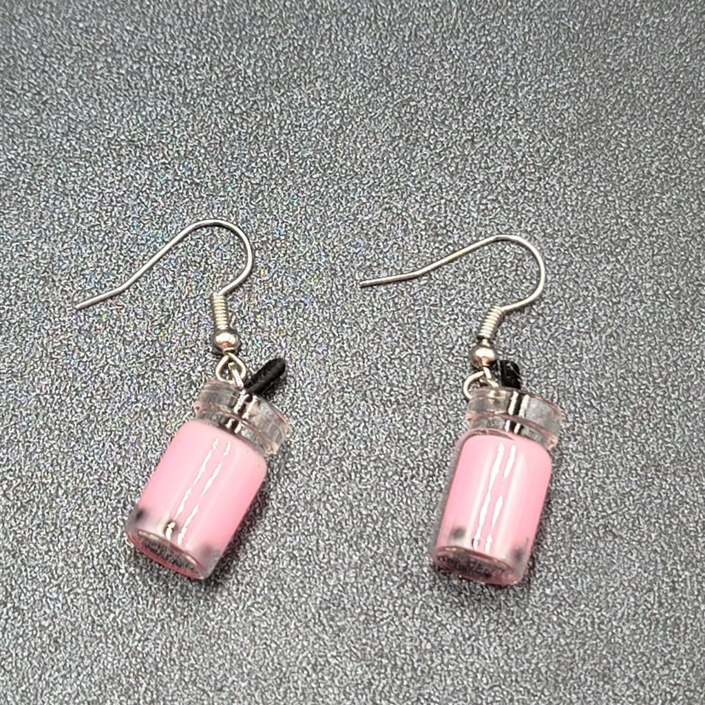Pierced Earrings Pink Boba Tea Drink with Straw Novelty Dangle 1"