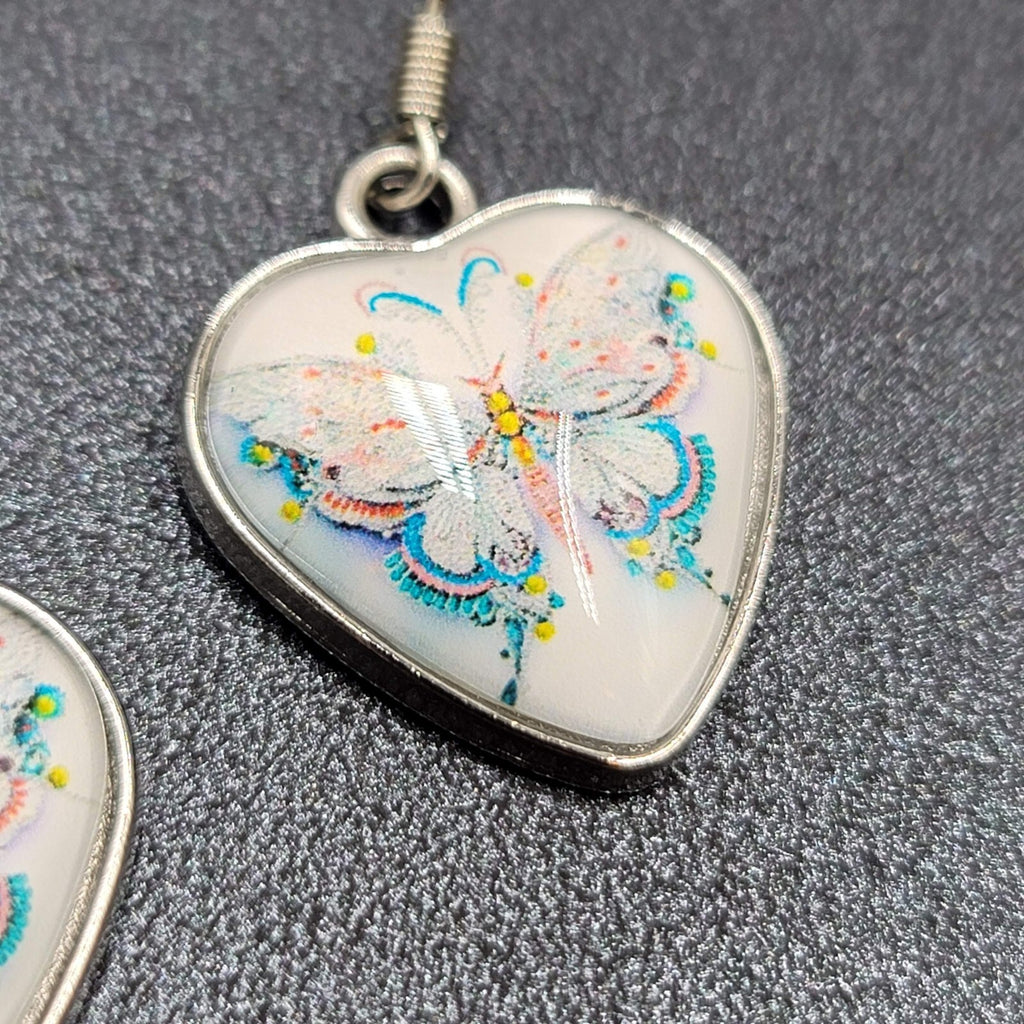 Butterfly Heart Pierced Earrings Silver tone Dangle Glass Cover 1"