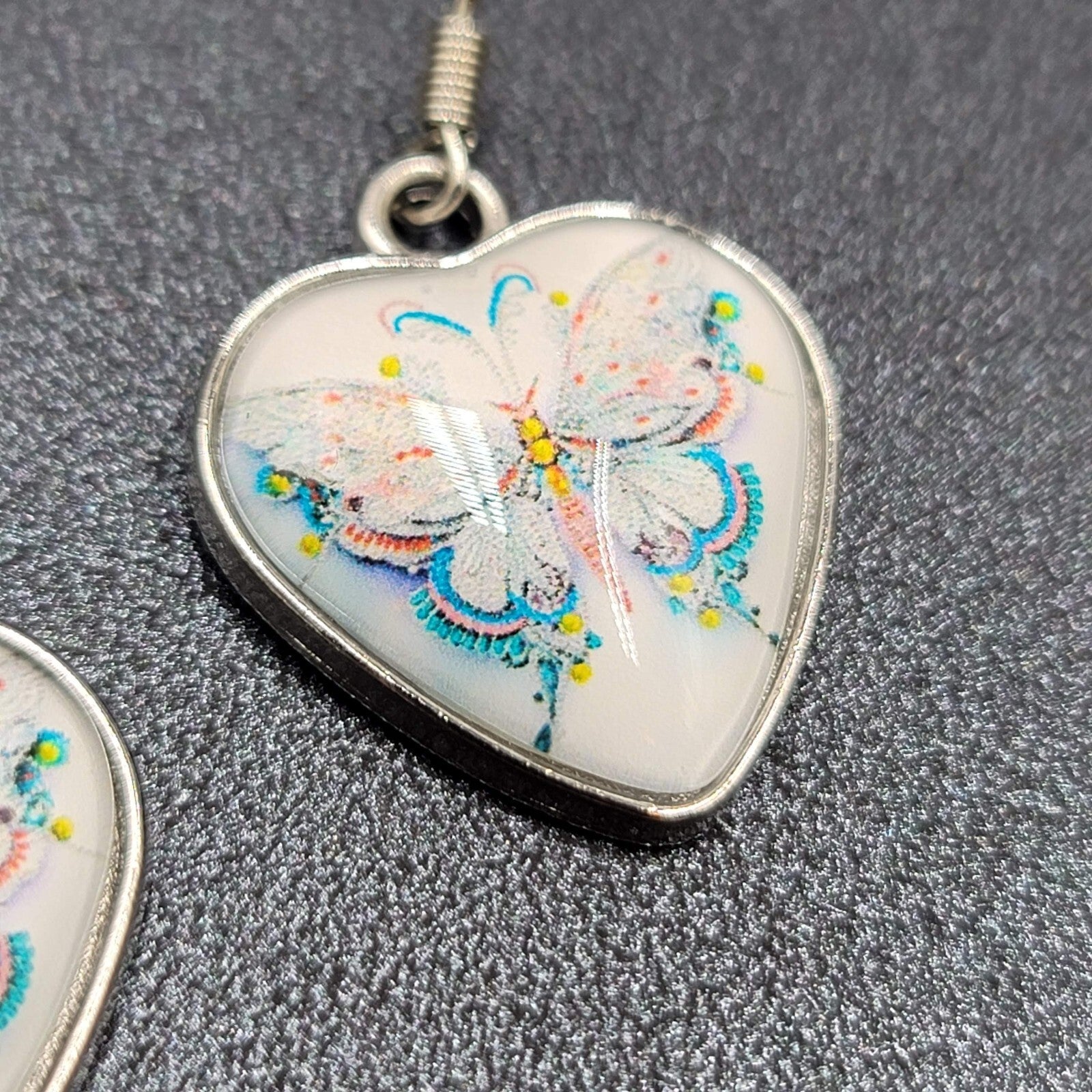 Butterfly Heart Pierced Earrings Silver tone Dangle Glass Cover 1"