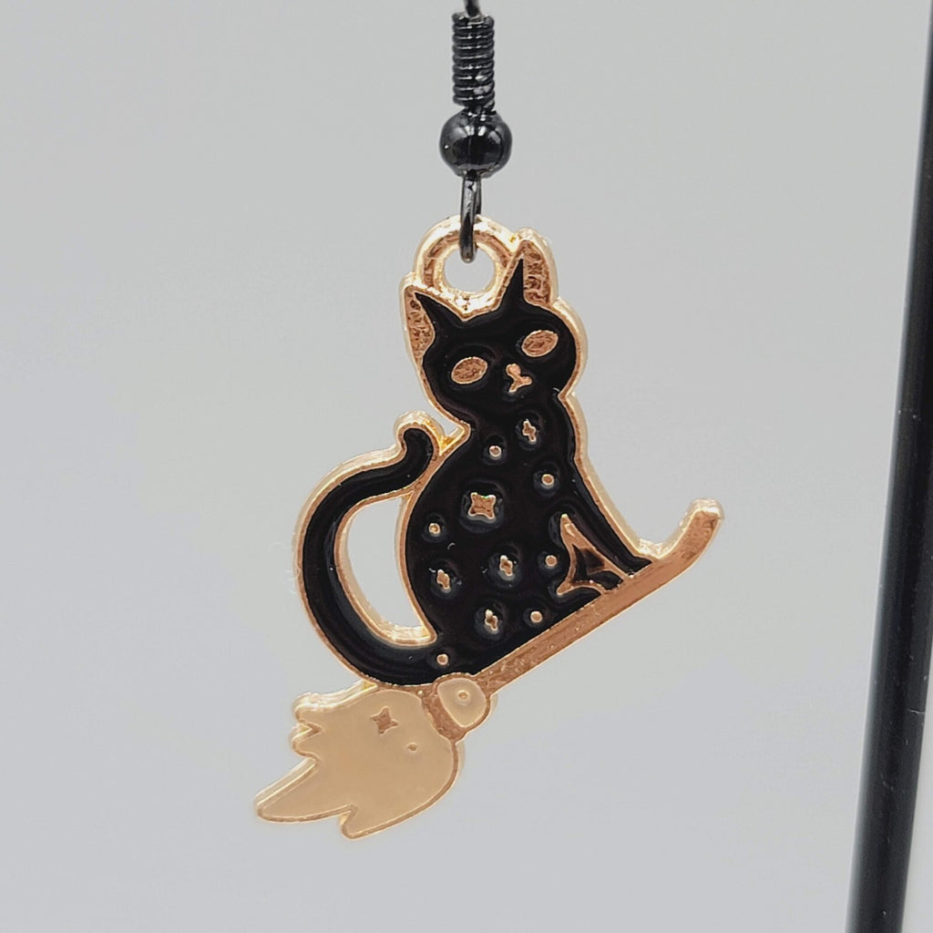 Black Cat Riding Broom Pierced Earrings Enamel Gold tone Dangle New 1"
