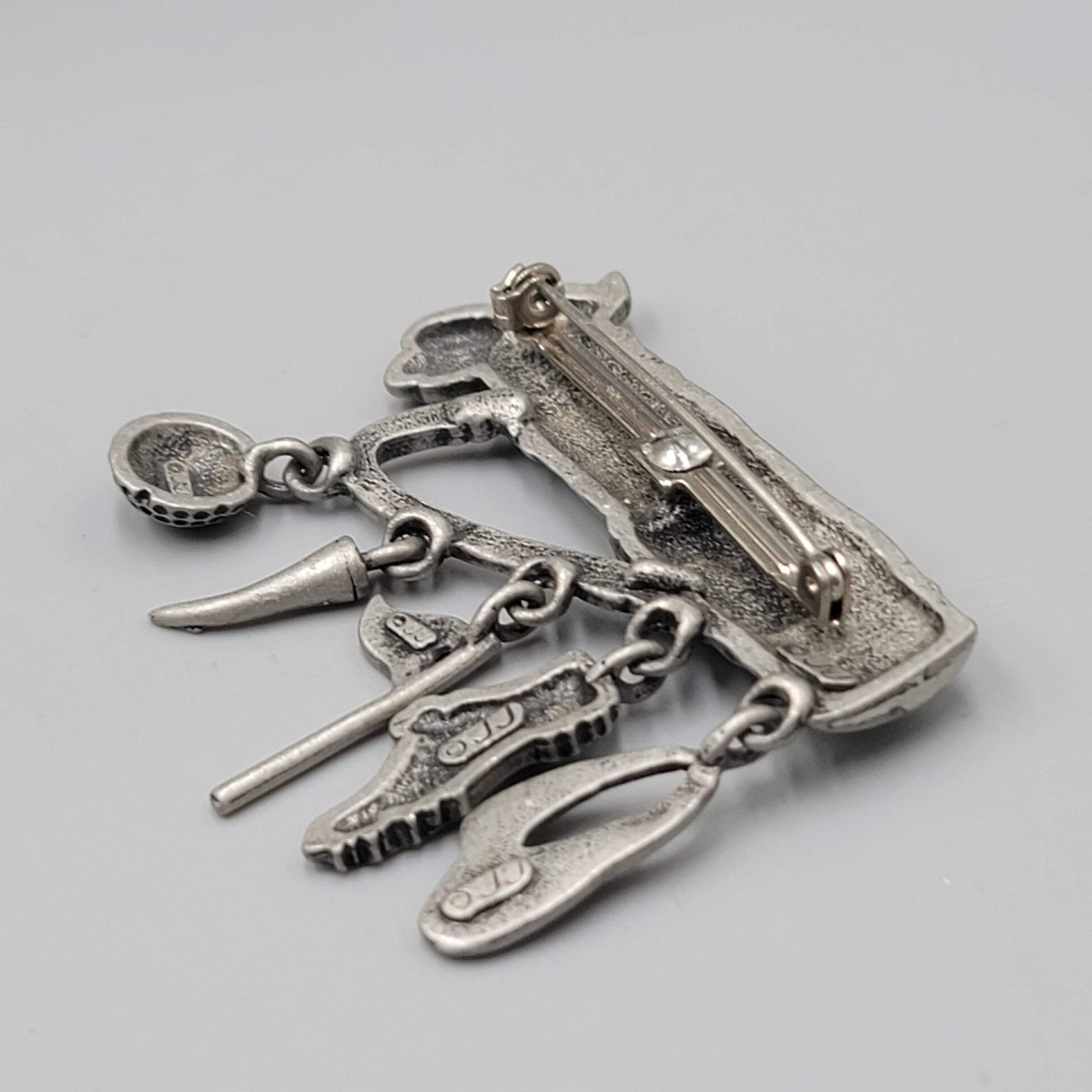 Vintage JJ Brooch Golf Clup Charms Silver tone Pewter 2 in