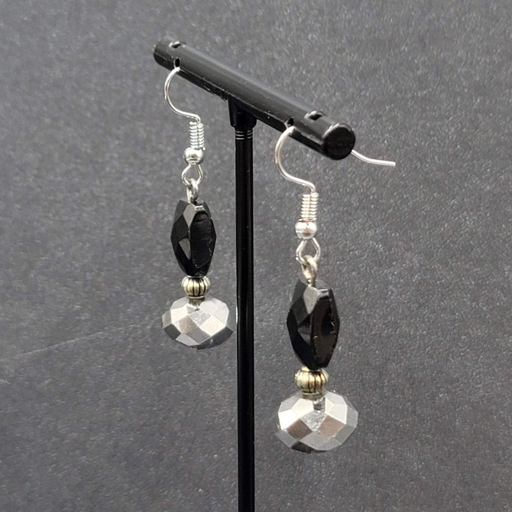 Pierced Earrings Black Glass Bead Silver tone Dangle 1.25"