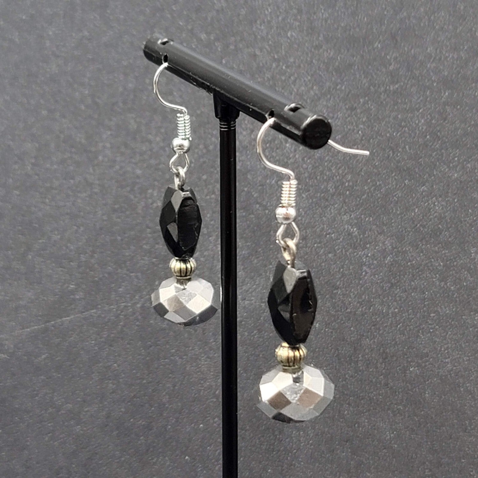 Pierced Earrings Black Glass Bead Silver tone Dangle 1.25"