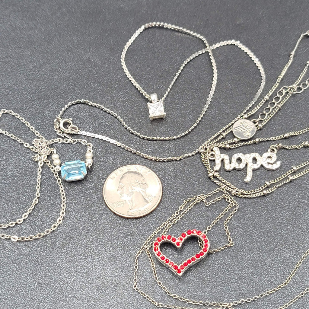 Lot of 4 Necklaces Silver tone HOPE HEART Blue Rhinestone