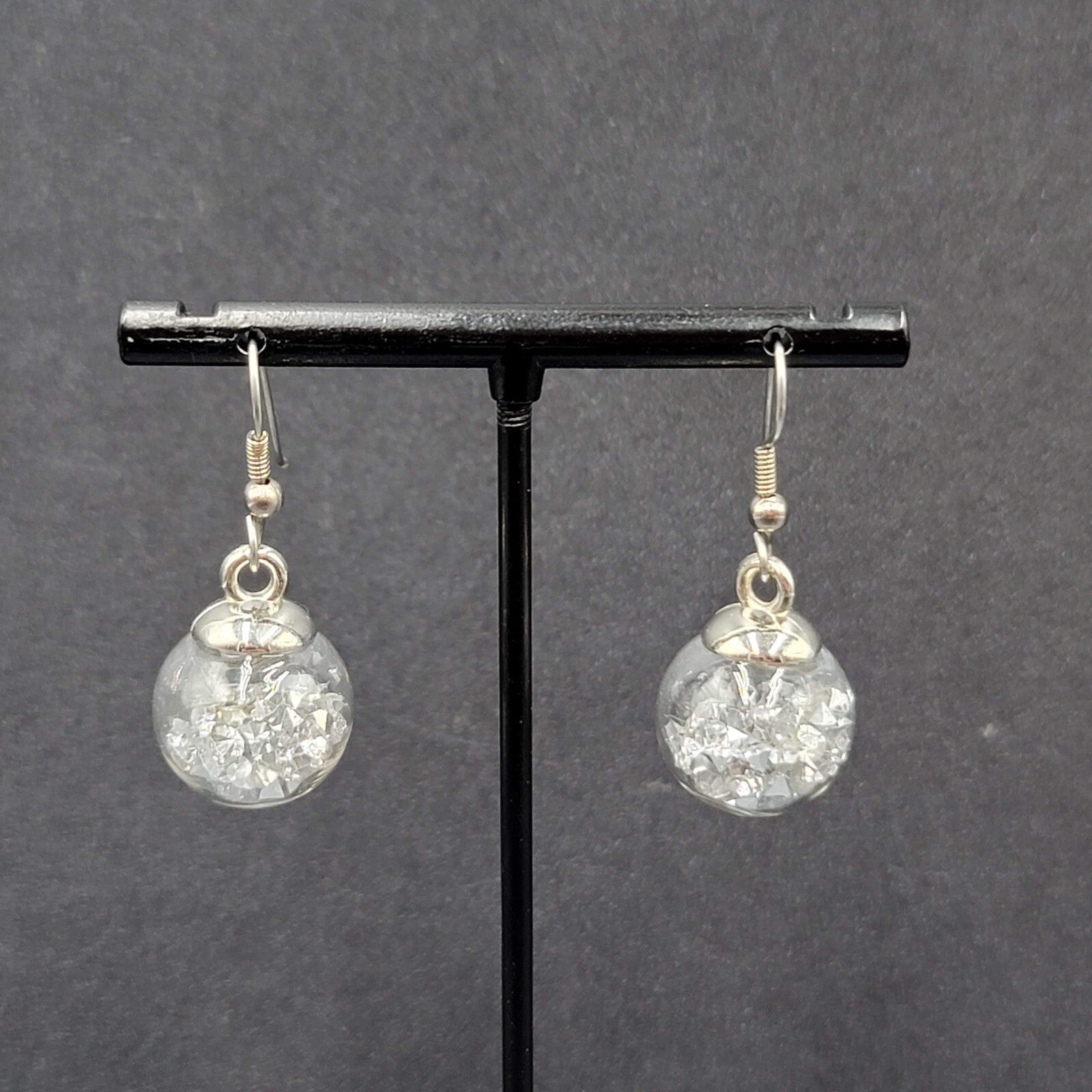 Pierced Earrings Silver tone Loose Clear Rhinestones Filled Sphere Dangle 3/4"