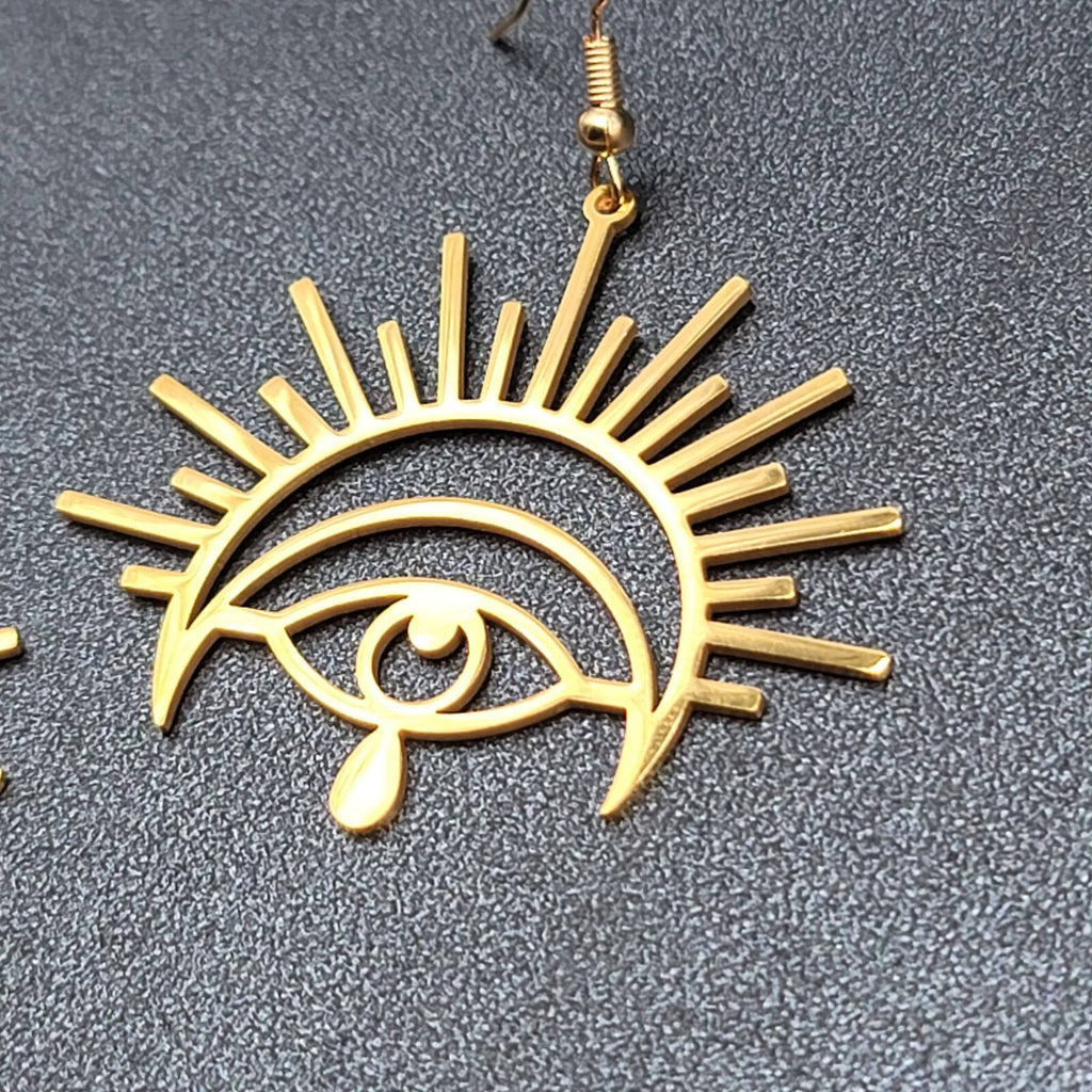 New Evil Eye Pierced Earrings Teardrop Gold Plated Statement Dangle 1 5/8"