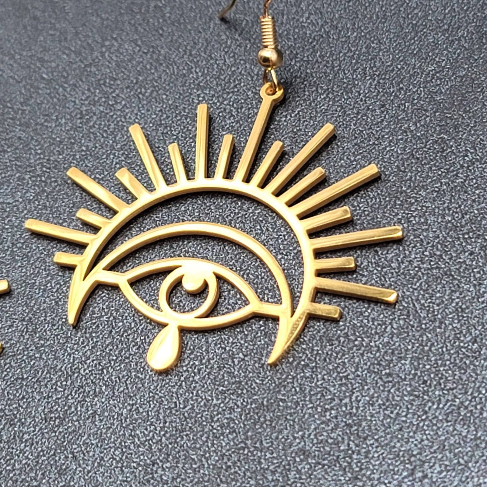 New Evil Eye Pierced Earrings Teardrop Gold Plated Statement Dangle 1 5/8"