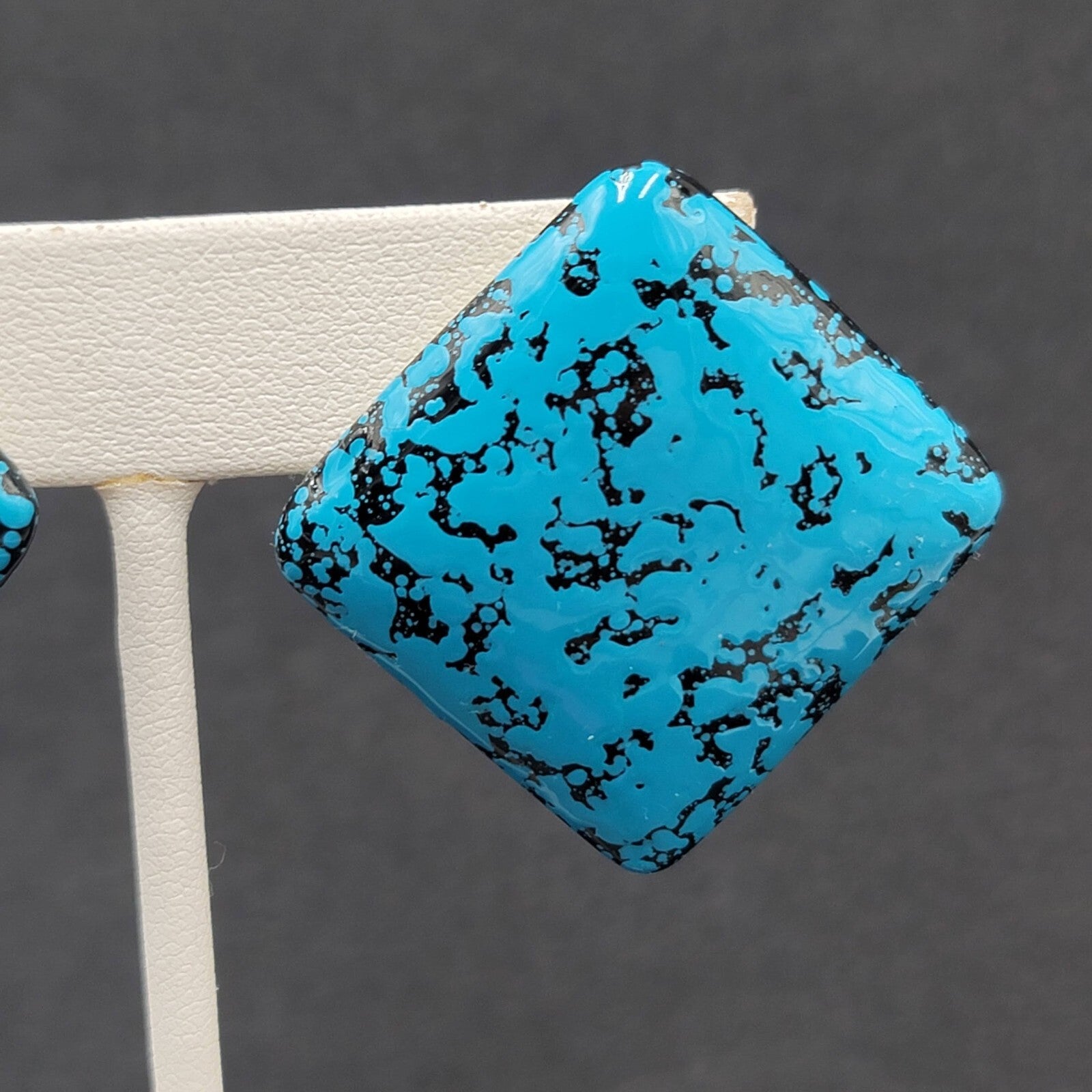 Vintage Pierced Earrings Acrylic Black Blue Enamel Statement Square Drop 1 1/8"