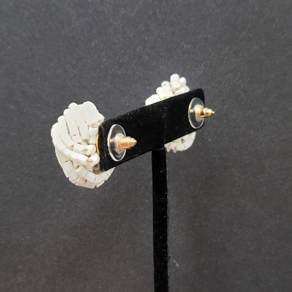 Vintage Pierced Earrings White Seed Beads Knot Estate Jewelry 1"