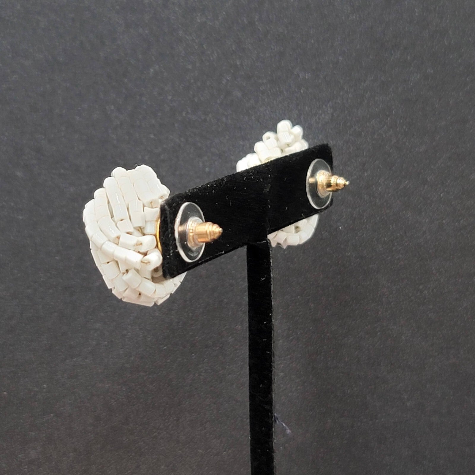 Vintage Pierced Earrings White Seed Beads Knot Estate Jewelry 1"