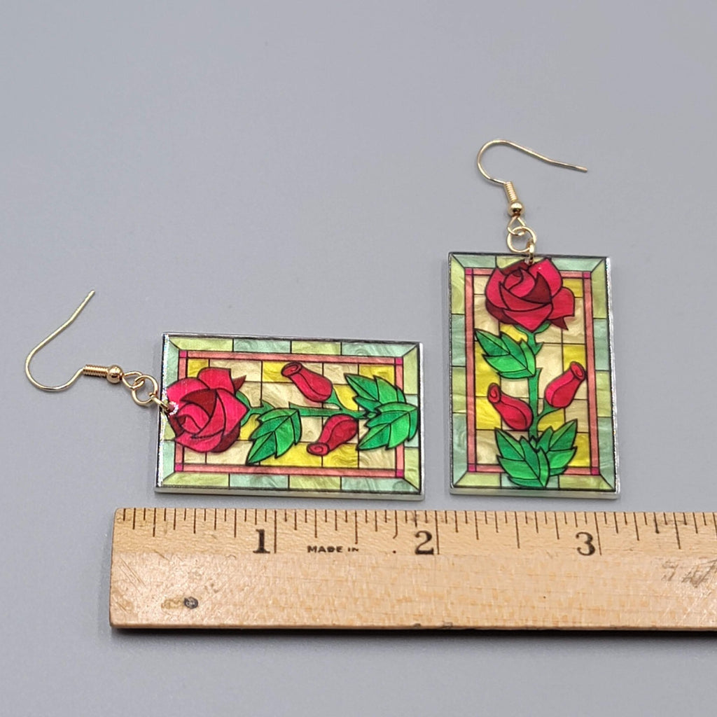 Stained Glass Look Pierced Earrings Rose Rectangle Acrylic Gold toneDangle 1.75"