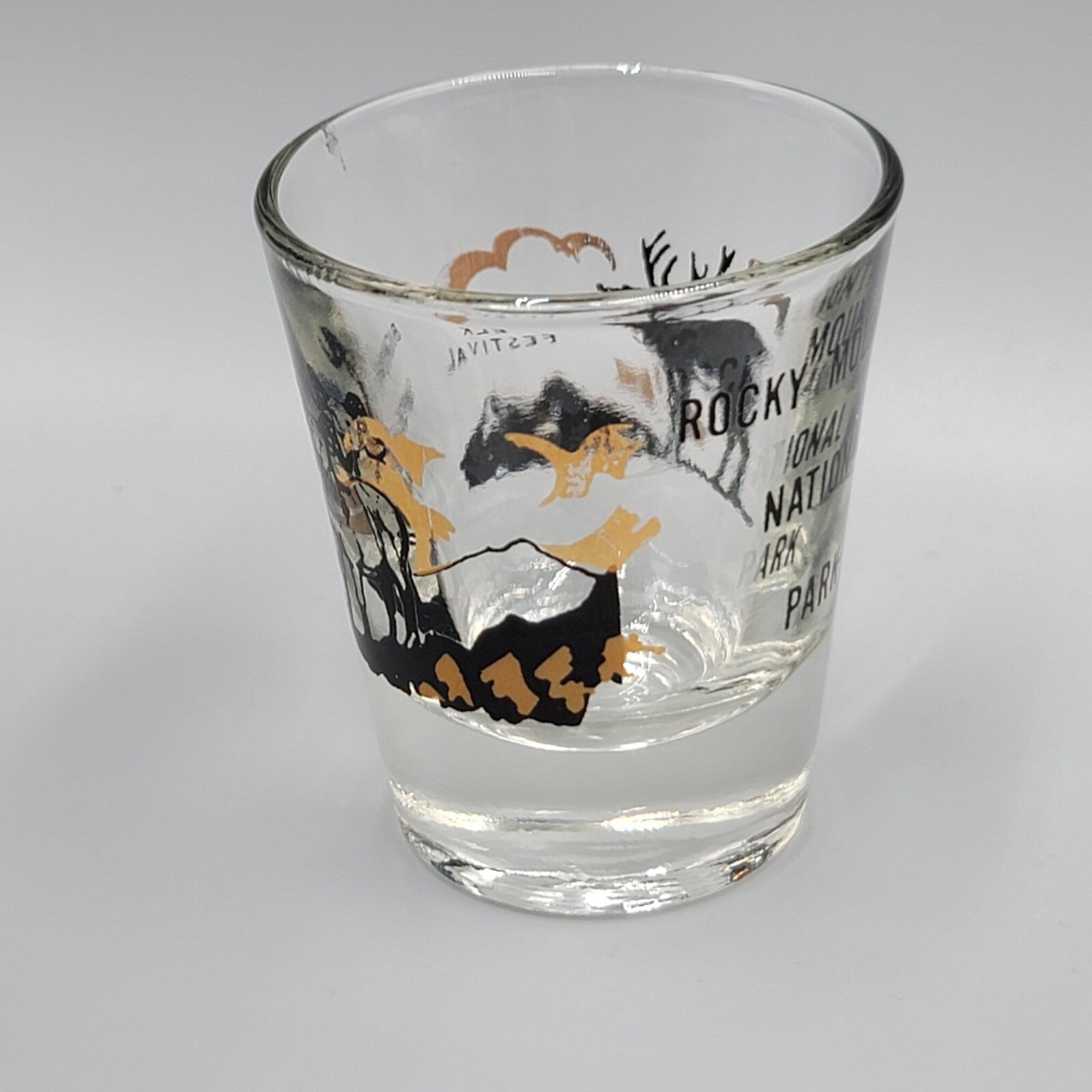 Vintage Rocky Mountain National Park Colorado Shot Glass Black Gold Collectible