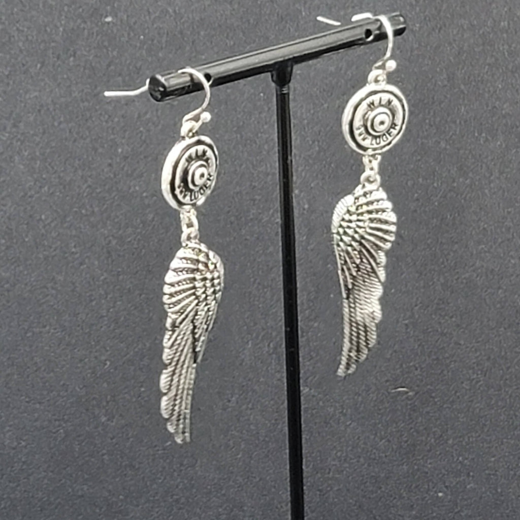 Pierced Earrings Luger Bullet Ends Angel Wings Dangle 2.5"