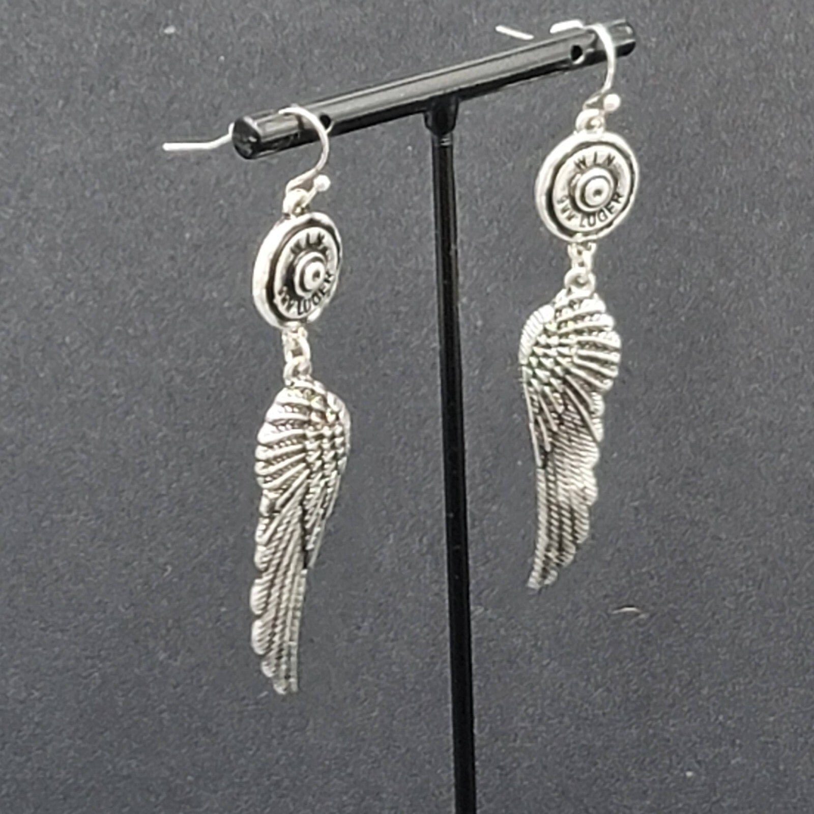 Pierced Earrings Luger Bullet Ends Angel Wings Dangle 2.5"