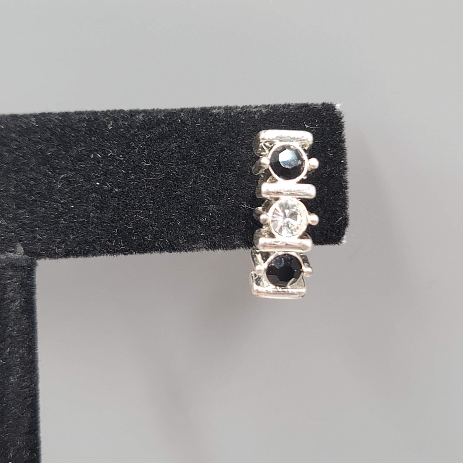 Pierced Earrings Silver tone Black Clear Crystal Drop Minimalist 5/8" 