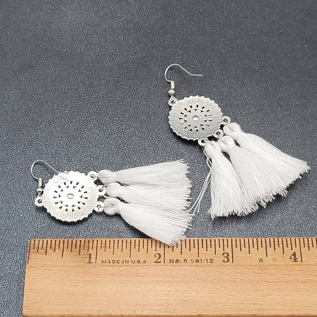 Pierced Earrings Silver tone Enamel Medallion Round Dangle White Tassel 2.5"