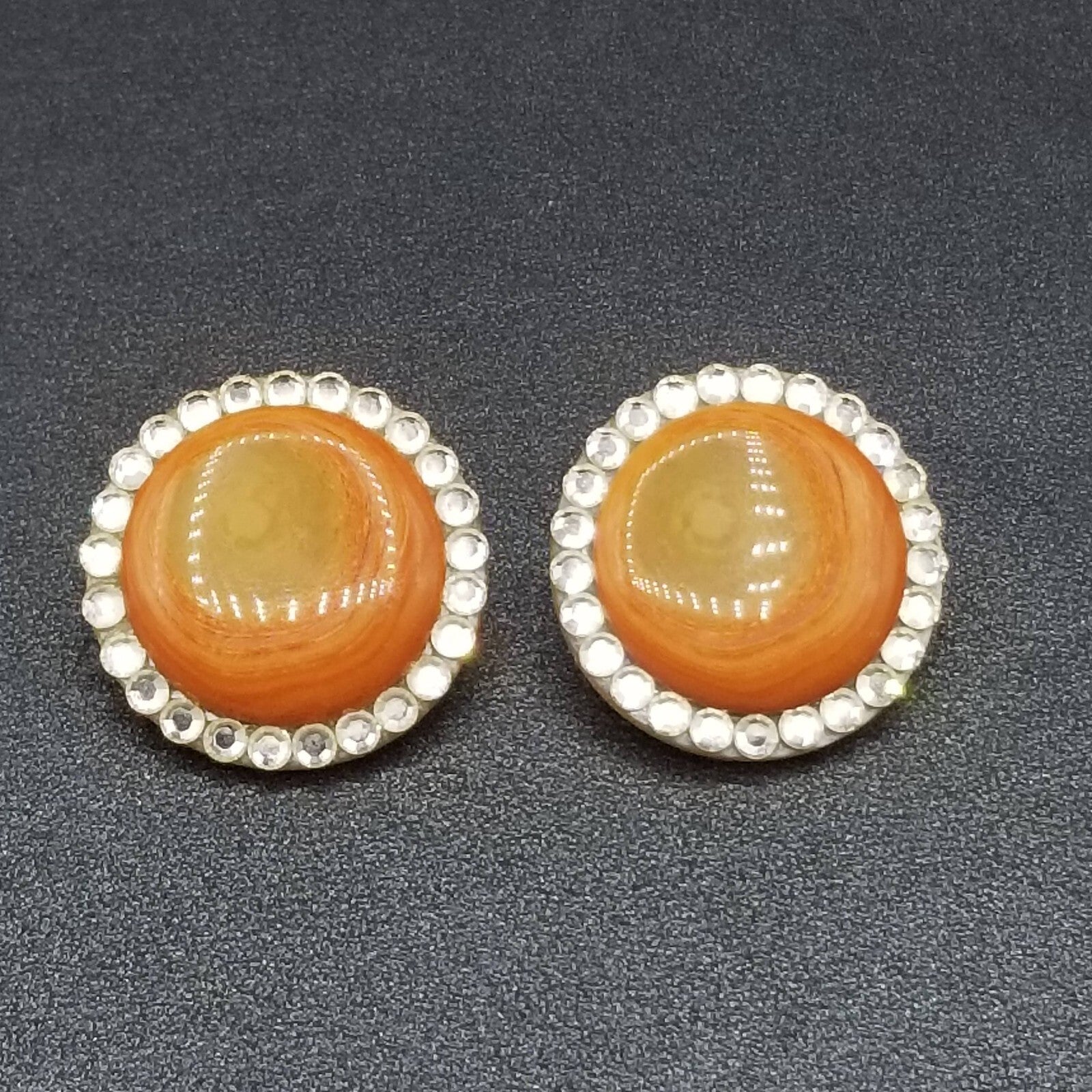 Vintage Clip on Earrings Orange Resin Faceted Crystal Button Style Stud 1 1/8"