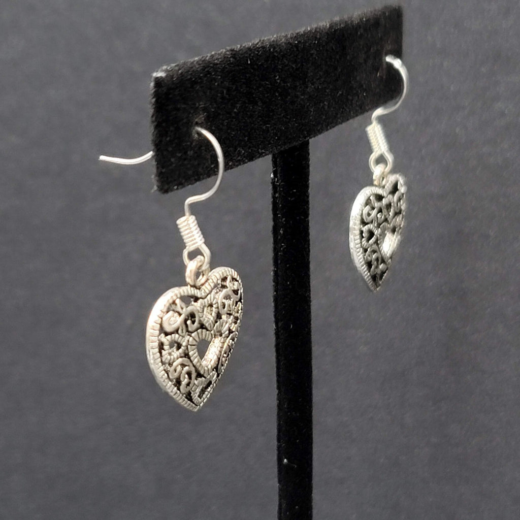 Heart Pierced Earrings Open Work Silver tone Dangle 3/4"