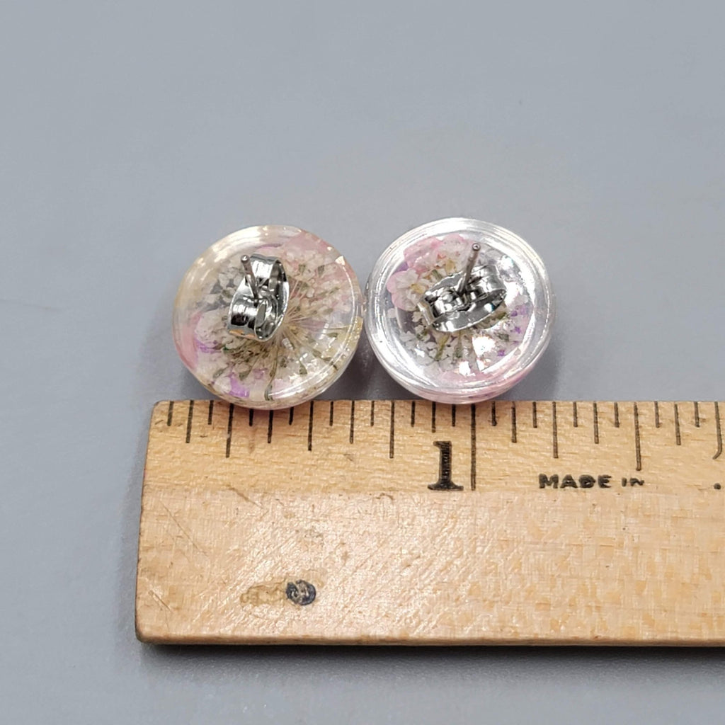 Real Flower Dome Stud Pierced Earrings Resin 1/2"