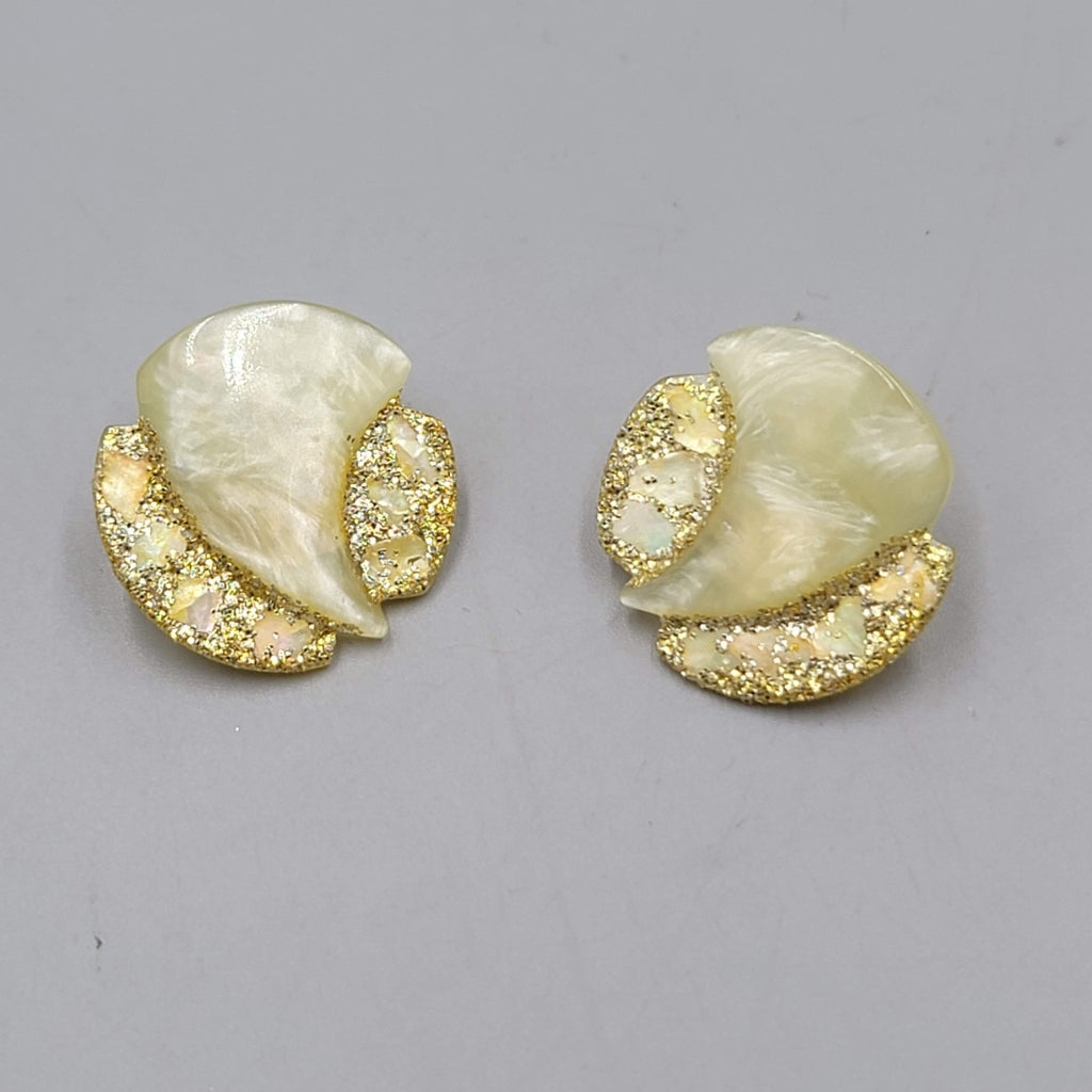 Vintage Pale Yellow Acrylic Clip on Earrings Glitter Round Drop 1 in