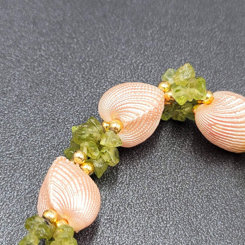 Real Seashell Bracelet Painted Pink Green Chip Gemstones Elastic  7"